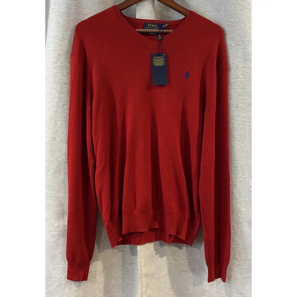 Polo Ralph Lauren‎ Mens Medium Red 100% Pima Cotton Crewneck Sweater Red Pony